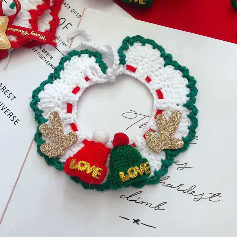 Green and white wool pet collar with red accents, glitter antlers, and LOVE hats. Handmade Christmas collar for pets.