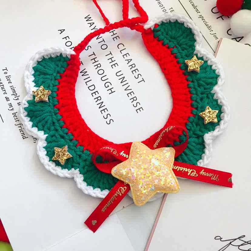 Green and red scalloped wool pet collar with gold stars and glitter star charm. Durable handmade Christmas pet accessory.
