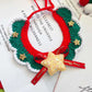 Green and red scalloped wool pet collar with gold stars and glitter star charm. Durable handmade Christmas pet accessory.