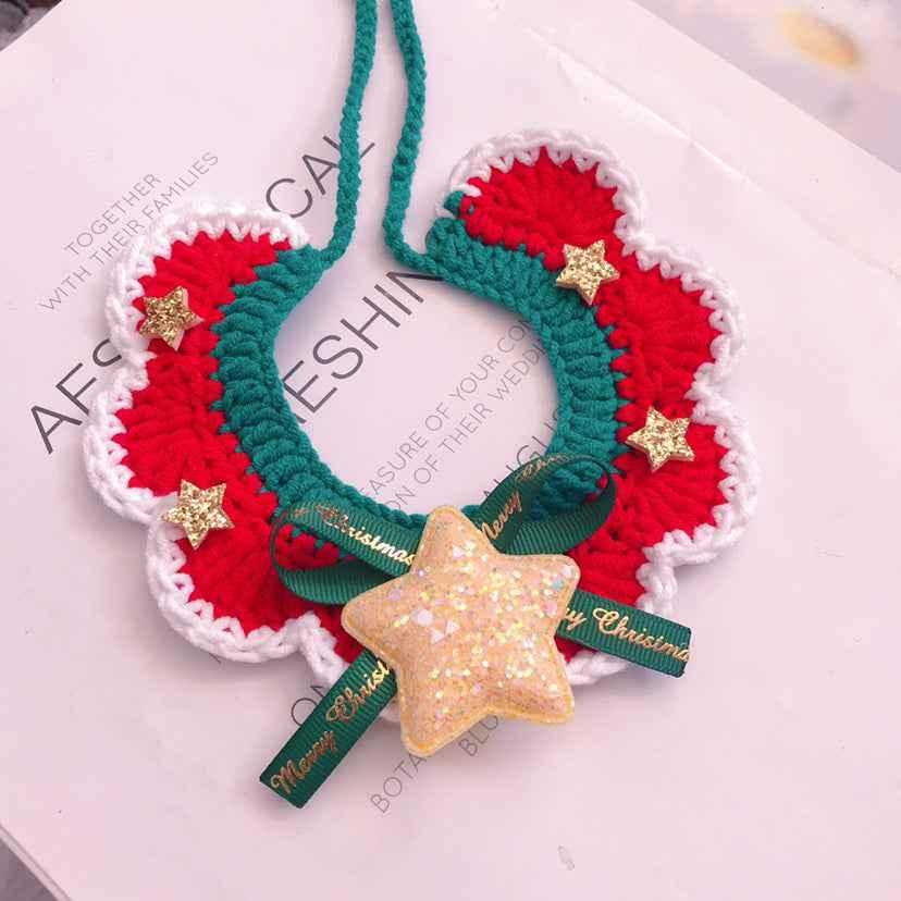 Red, green, and white scalloped wool pet collar with gold stars and glitter star charm. Handmade Christmas accessory for pets.